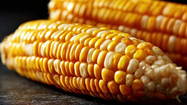 Close-up fresh yellow corn on dark table. Healthy vegetable, harvest, autumn season. Texture of raw corn kernels