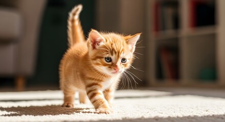 Adorable orange tabby kitten walking towards the camera on a carpeted floor in a sunlit room.
