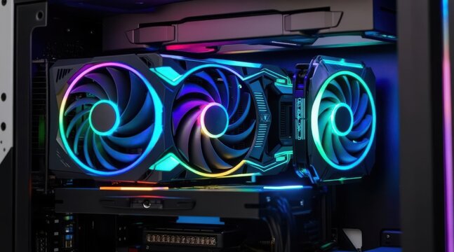 Powerful gaming pc graphics card with rgb lighting and dual fans inside a computer case