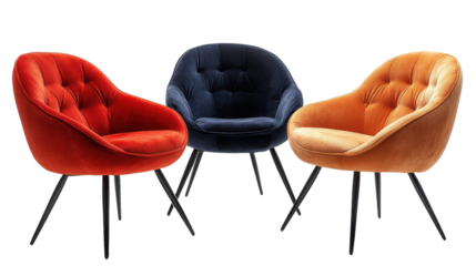 Set of three modern chairs in different colors isolated on a white transparent background