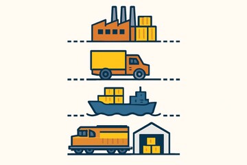Obraz premium Supply chain stages with factory, truck, cargo ship, train, and warehouse icons in flat style on a light background, concept of global logistics