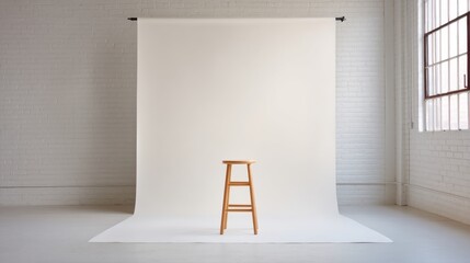 Minimalist photography studio setup featuring a simple wooden stool against a clean white backdrop in a bright and spacious setting