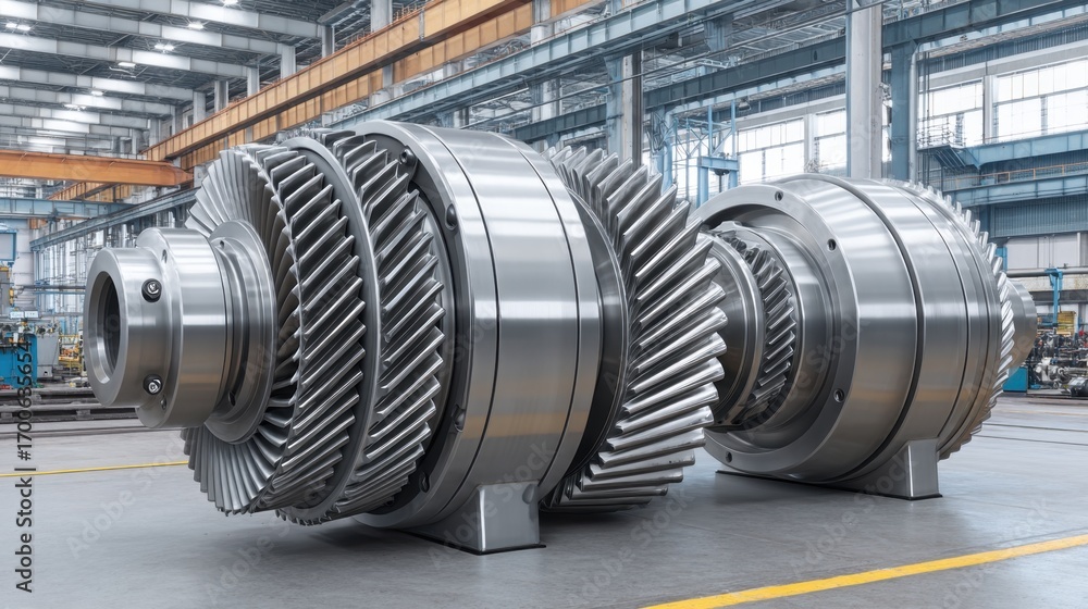 Poster high-quality close-up of industrial turbine engine parts in modern factory setting with bright and s
