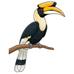 Great Indian Hornbill Vector Illustration Icon on Branch, Unique Bird, Asian Forest Wildlife, Colorful Beak and Casque © InArch Design Studio
