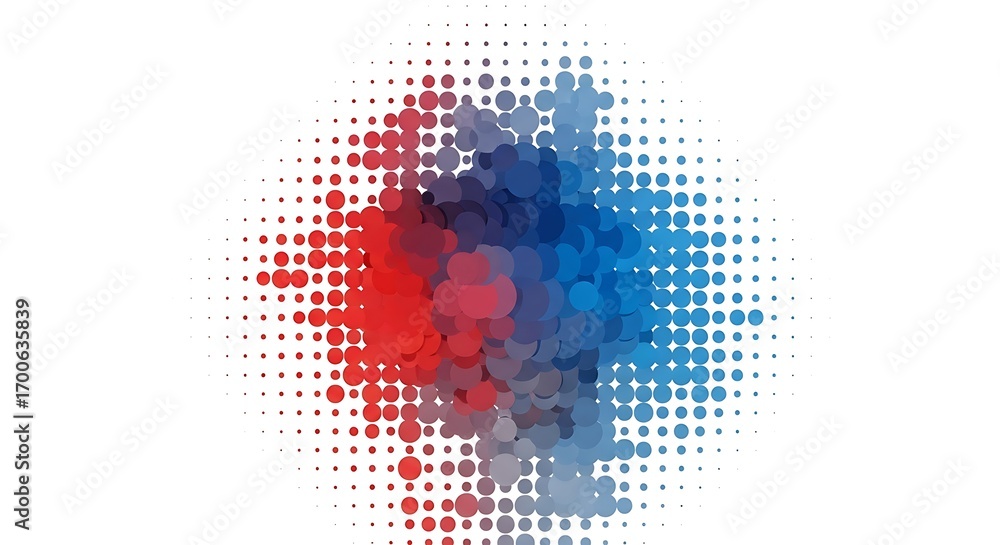Poster abstract halftone design with red and blue circles creating a modern and dynamic pattern, isolated o