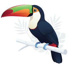 Keel-billed Toucan Vector Illustration Icon on Branch, Ramphastos Sulfuratus, Tropical Bird, Colorful Beak, Rain Forest Wildlife