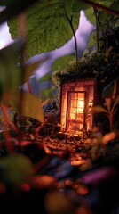 Miniature cabin nestled in forest undergrowth, glowing light from within