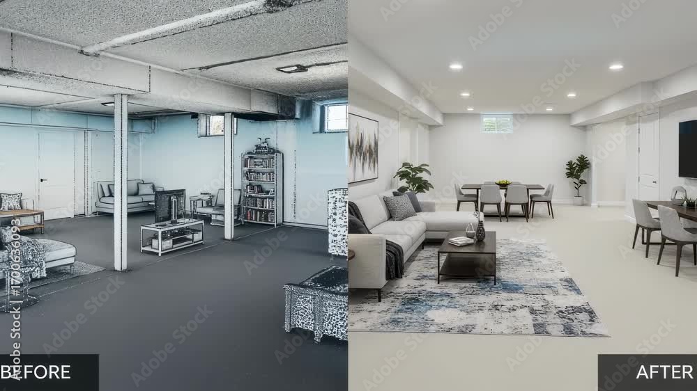 Poster crystalclear lidar interior scan showing beforeandafter comparison of a remodeled basement emphasizi