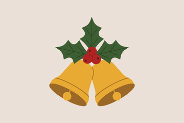 Golden Christmas bells decorated with holly leaves and red berries on beige background, festive holiday ornament. Flat vector illustration