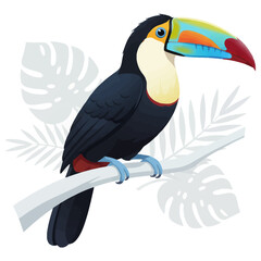 Detailed illustration of a Mountain Toucan perched on a branch, a colorful and tropical vector bird