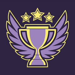 Illustration of a winged trophy cup with stars on a dark purple background for graphic design and decoration purposes