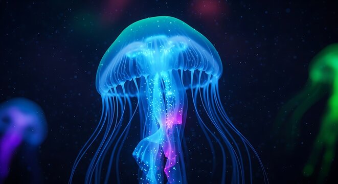 Luminous Jellyfish Dance in the Deep Sea A Symphony of Bioluminescent Beauty and Marine Life Wonders Captivating Underwater Spectacle