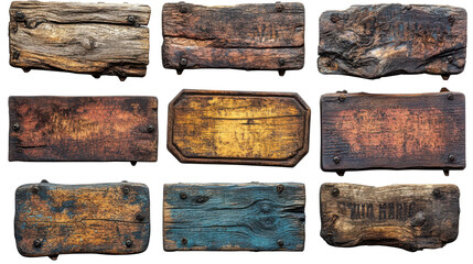 Set of wooden signs isolated on a white transparent background