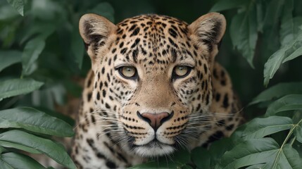 Naklejka premium Majestic Leopard Surrounded by Lush Greenery, Capturing Nature's Beauty in a Close-Up Perspective of This Wild Big Cat's Lifelike Expression