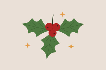 Christmas holly with green leaves and red berries decorated with golden sparkles on beige background, festive seasonal ornament. Flat vector illustration