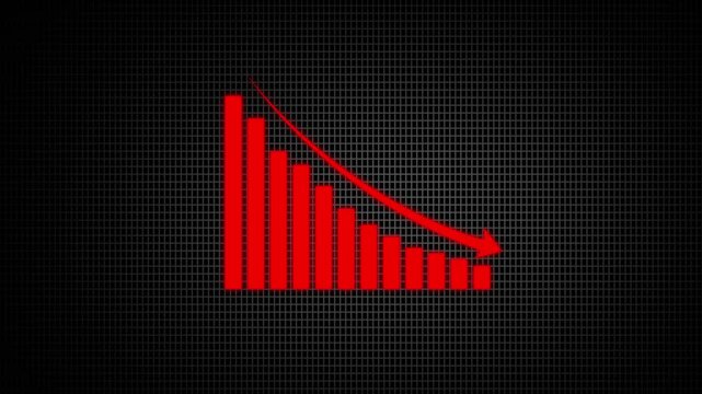 Bar chart for declining business performance by month. The red statistical curve shows a downward move .chart graph animation, red arrow is making downfall on a grid background.