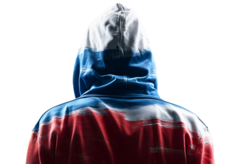 white, blue & red shoulder up hoodie back view; concept of russian propaganda; element isolated over white (transparent) background