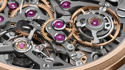 Close-up of intricate watch movement.  Precision gears and components.  Rose gold and gray tones.  Amethyst-colored jewels