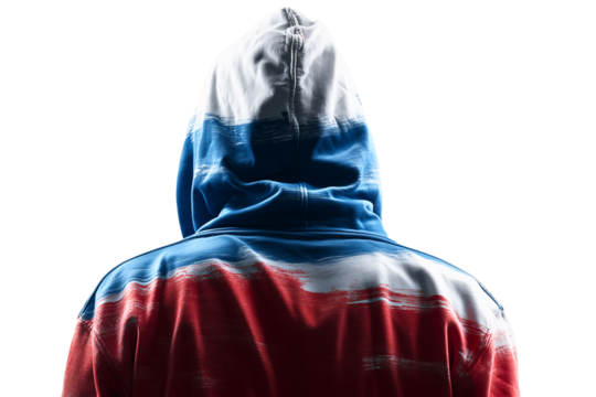 white, blue & red shoulder up hoodie back view; concept of russian propaganda; element isolated over white (transparent) background