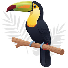 Yellow-throated Toucan on branch with leaves, tropical bird illustration