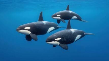 Three Majestic Orcas Swimming Gracefully Through Crystal Clear Ocean Waters in a Stunning Underwater Scene