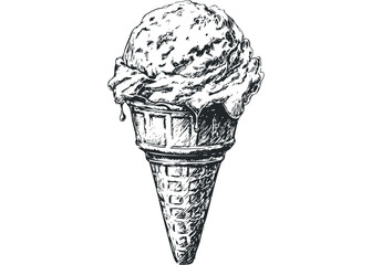 Sketch of Melting Ice Cream Cone on Transparent. Vector hand drawn illustration