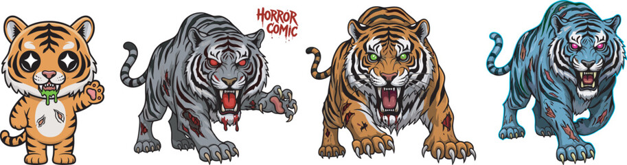 Angry tiger illustration set, roaring wild big cat characters, fierce jungle predator animal art, aggressive expression vector design for t-shirts