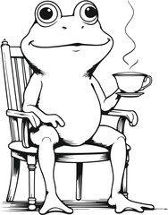 minimalist line art of a relaxed frog sitting on a chair sipping tea, black thick outline 1.