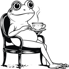 minimalist line art of a relaxed frog sitting on a chair sipping tea, black thick outline 2