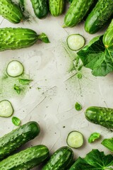 Fresh cucumber arrangement celebrating world vegan day with green leaves and subtle texture. Template, Frame of green cucumbers. Vertical banner. Copy space. Healthy Food. World Vegetarian Day