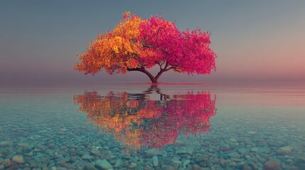 Serene water reflects single deciduous tree with vibrant pink and yellow leaves on small rocky island against dreamy blue sky