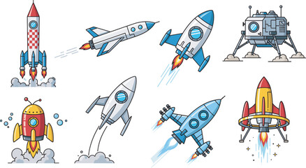 Cartoon rocket spaceship set with colorful retro designs, futuristic jets, lunar lander, space launch flames, vector illustration for kids
