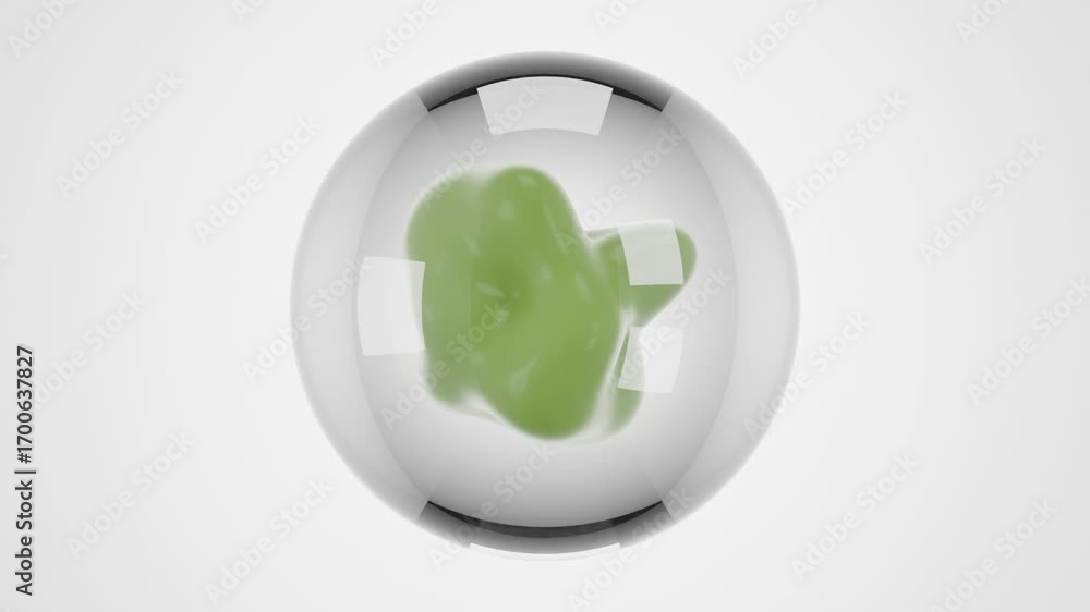 Poster transparent 3d sphere containing abstract green liquid substance floating on clean white surface pro
