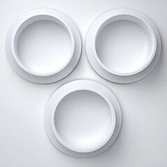 Three white circular recessed shelves arranged in a triangular pattern on a light gray background.  Empty, modern, and minimalist display.  Clean lines and simple design