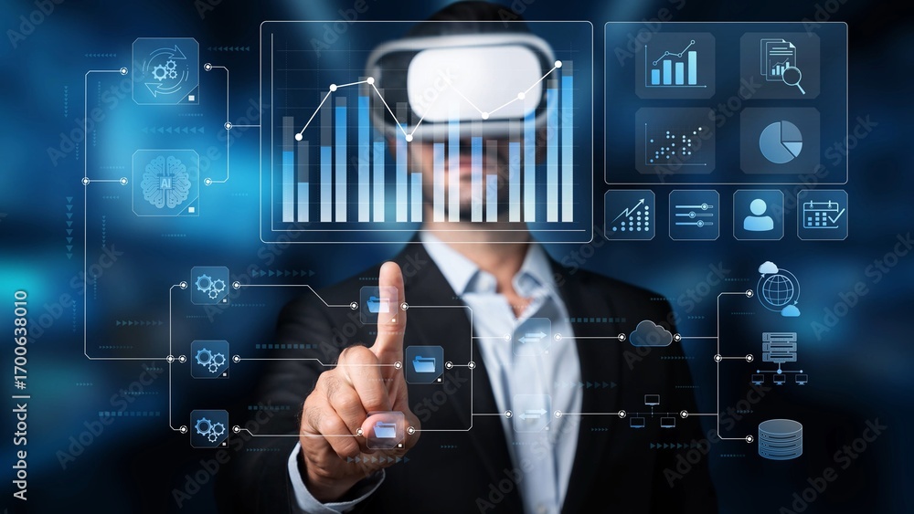 Aufkleber a business professional engages with virtual reality technology while analyzing data and statistics 