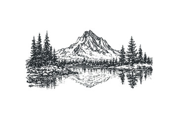 Pencil sketch of majestic mountain range reflected in calm lake with pine trees. Vector hand drawn illustration