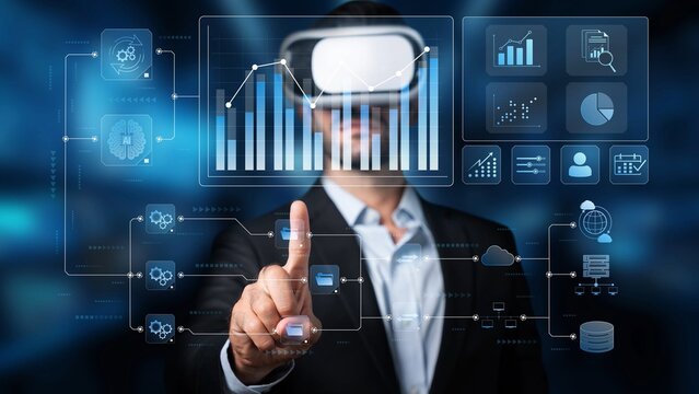 A business professional engages with virtual reality technology while analyzing data and statistics in a modern office setup, showcasing innovation and interaction. Raster - Powered by Adobe