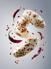 Spicy cheese slices in mid-air, peppered with chili