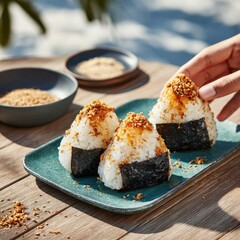 Three onigiri, topped with sesame, on a teal plate. A hand reaches for one