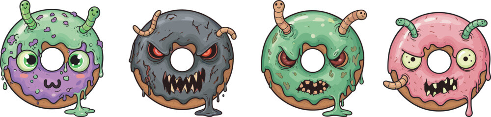 Creepy zombie donut monster illustration, scary dessert characters with worms, horror cartoon food art, spooky Halloween vector design, grotesque artwork