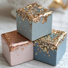 Three small, cube-shaped objects, stacked.  Pale pink, rose gold, and light blue-gray colors.  Each cube has a layer of gold or rose gold leaf flakes over the top, with specks of glitter