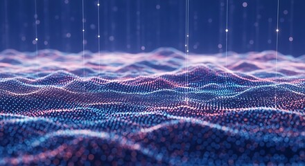 Abstract digital ocean wave form with glowing futuristic data streams and binary code falling