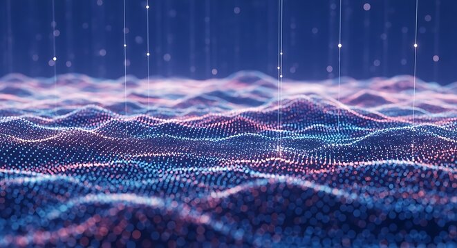 Abstract digital ocean wave form with glowing futuristic data streams and binary code falling