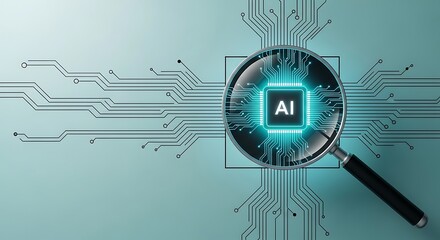 Magnifying glass focusing on ai chip with glowing circuits and digital network background representing technology