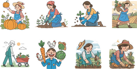 Female farmer cartoon character performing agriculture tasks including planting, harvesting, selling produce, and caring for animals in vector scenes © Rahul Creatives