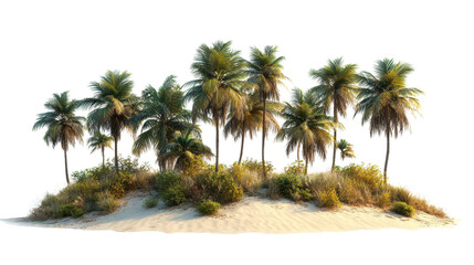 Tropical oasis with lush palm trees on a sandy dune isolated on a white transparent background