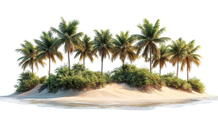 Fototapeta premium Tropical oasis with lush palm trees on a sandy dune isolated on a white transparent background