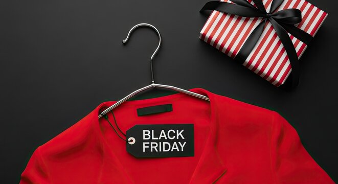 Red shirt with black friday tag and gift box on black background