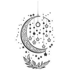 hanging moon star Ramadan illustration grey