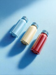 Three small, colored bottles on a light blue surface, casting shadows